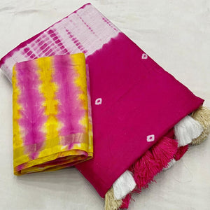 Pink Linen Cotton Saree Adorned with Vibrant Bandhani Prints and Breezy Texture