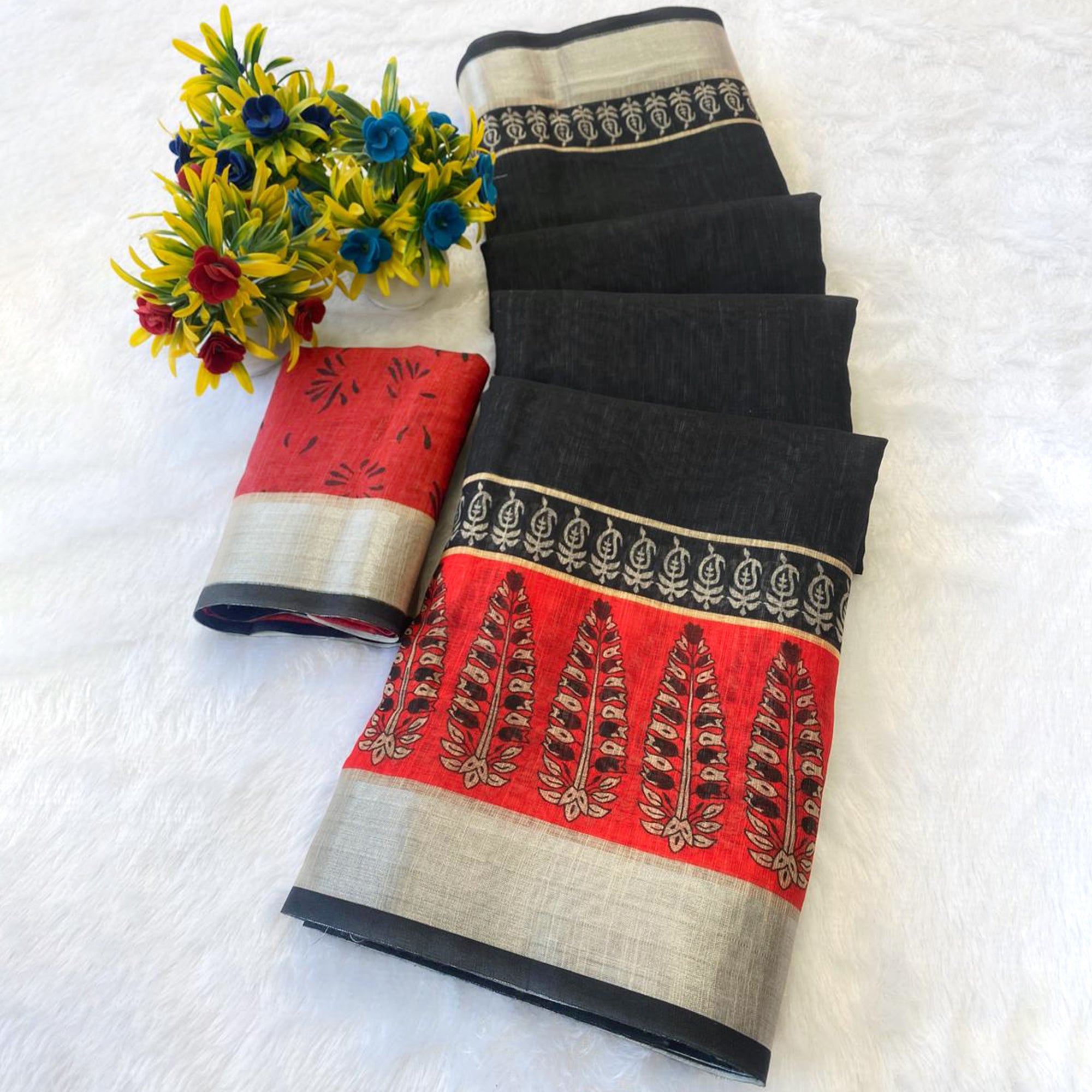 Black & Red Linen Cotton Saree Adorned with Vibrant Floral Prints and Breezy Texture