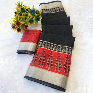Black & Red Linen Cotton Saree Adorned with Vibrant Floral Prints and Breezy Texture