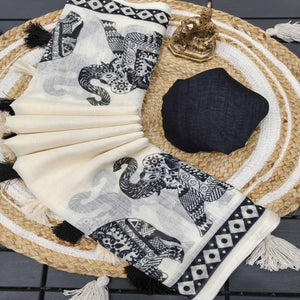 Cream Colored Floral Printed Saree in Comfortable Linen Cotton Fabric