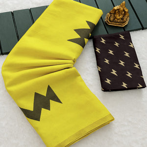 Lemon Yellow Linen Cotton Saree Adorned with Vibrant Geometric Prints and Breezy Texture