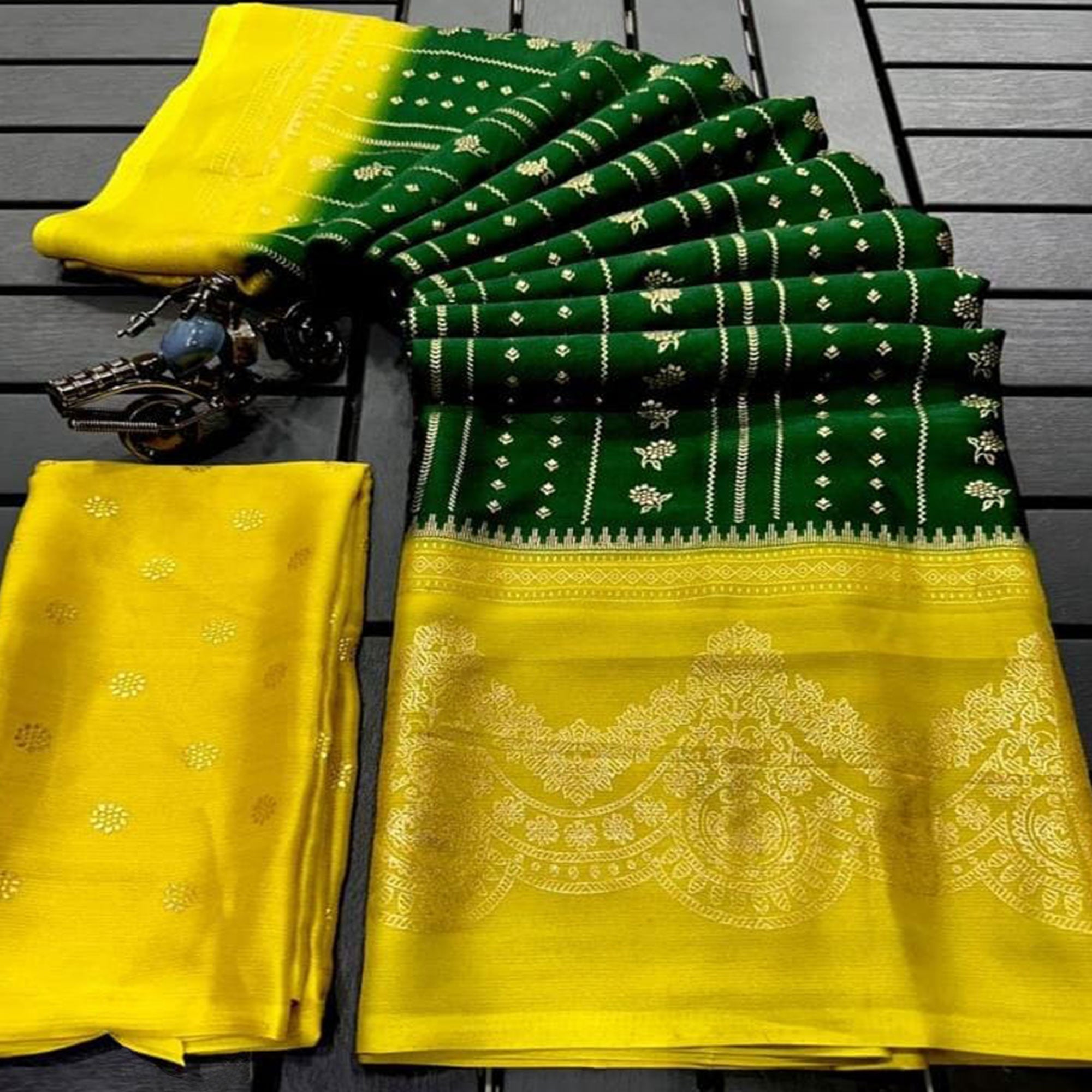 Green & Yellow Foil Printed Chiffon Saree