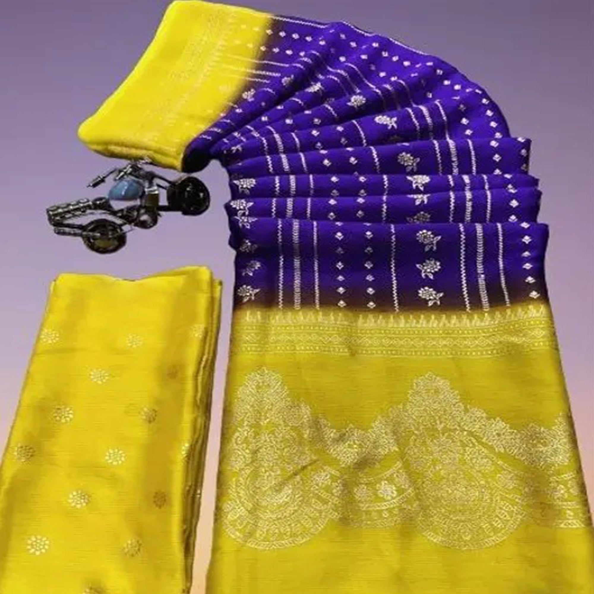 Purple & Yellow Foil Printed Chiffon Saree