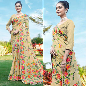 Beige Floral Woven Cotton Silk Saree With Tassels