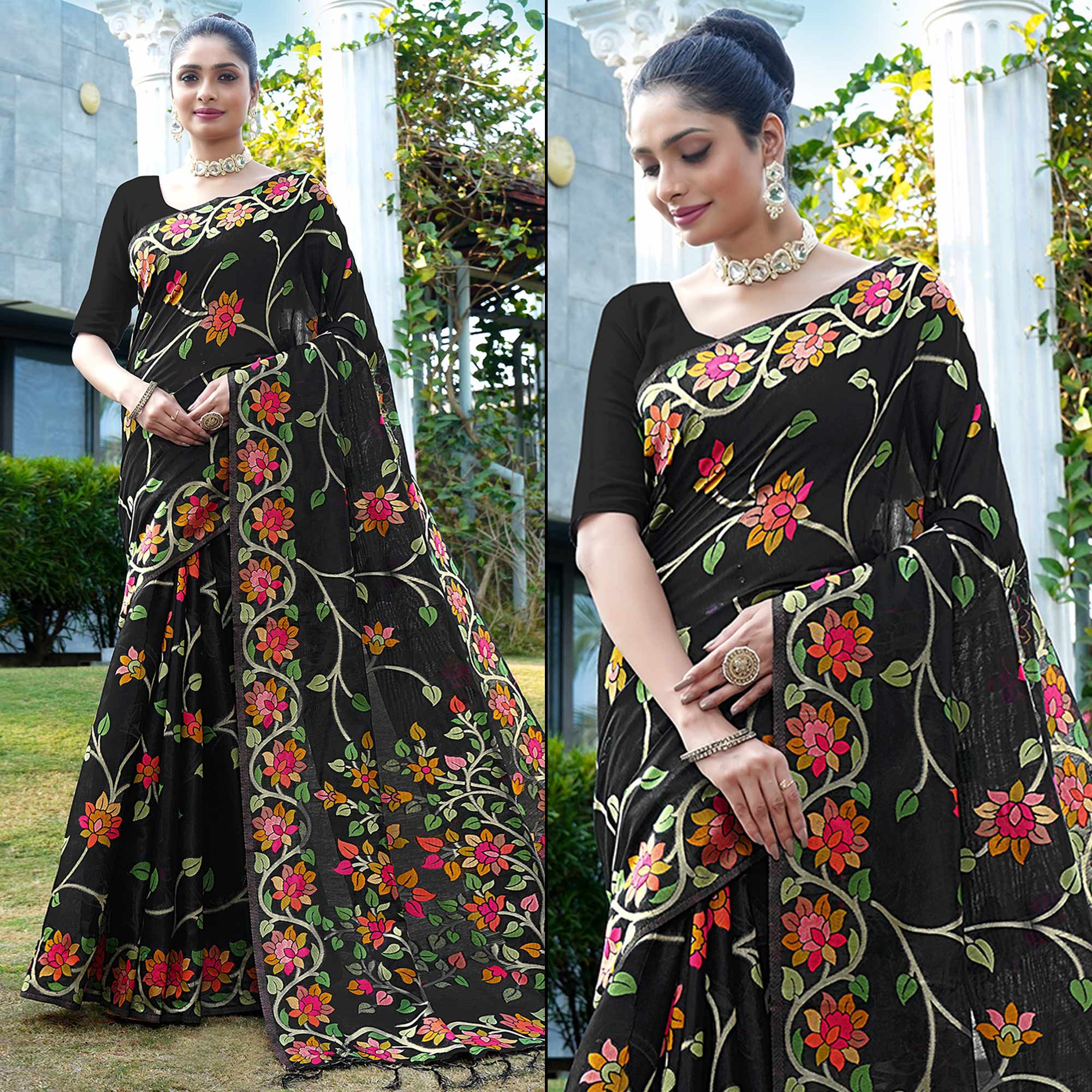 Black Floral Woven Cotton Silk Saree With Tassels