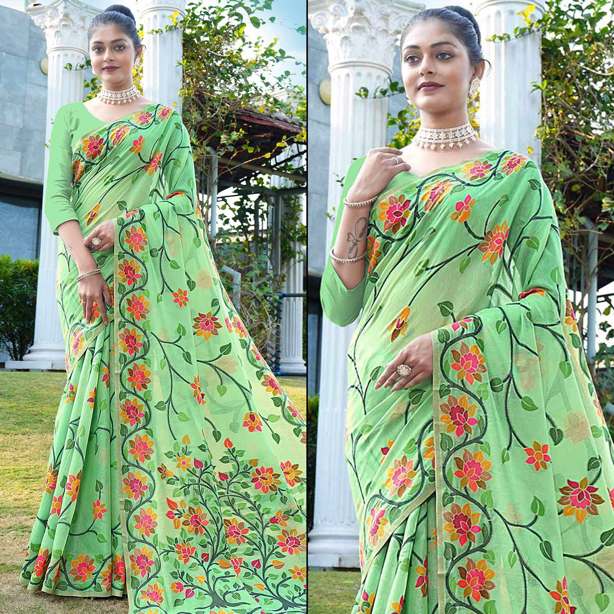 Green Floral Woven Cotton Silk Saree With Tassels