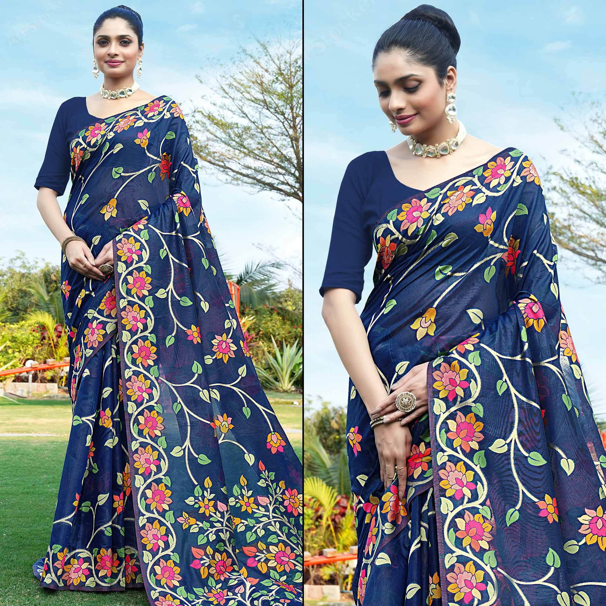 Navy Blue Floral Woven Cotton Silk Saree With Tassels