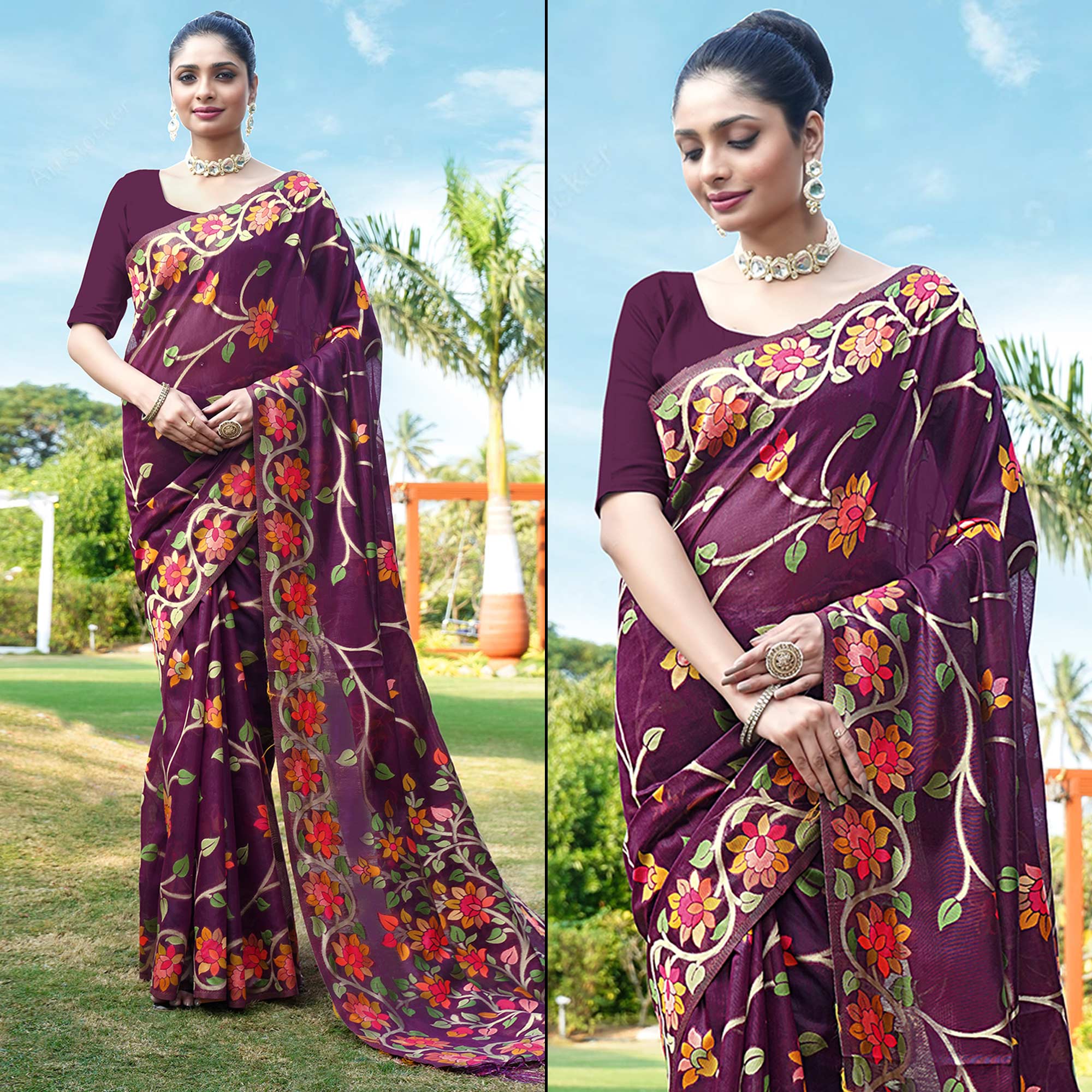 Purple Floral Woven Cotton Silk Saree With Tassels