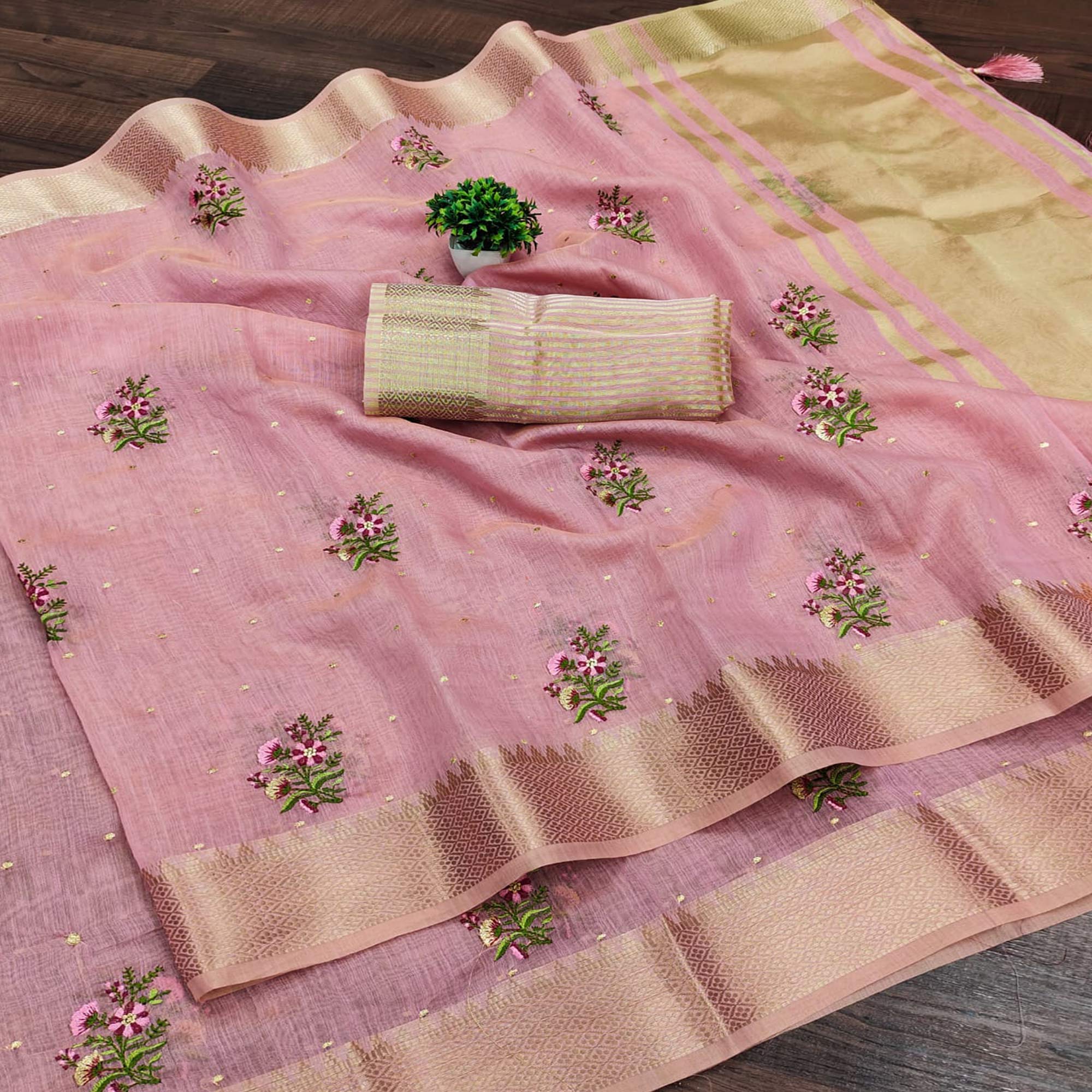 Pink Floral Embroidered Cotton Silk Saree With Zari Border