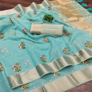 Sky Blue Floral Embroidered Cotton Silk Saree With Zari Border