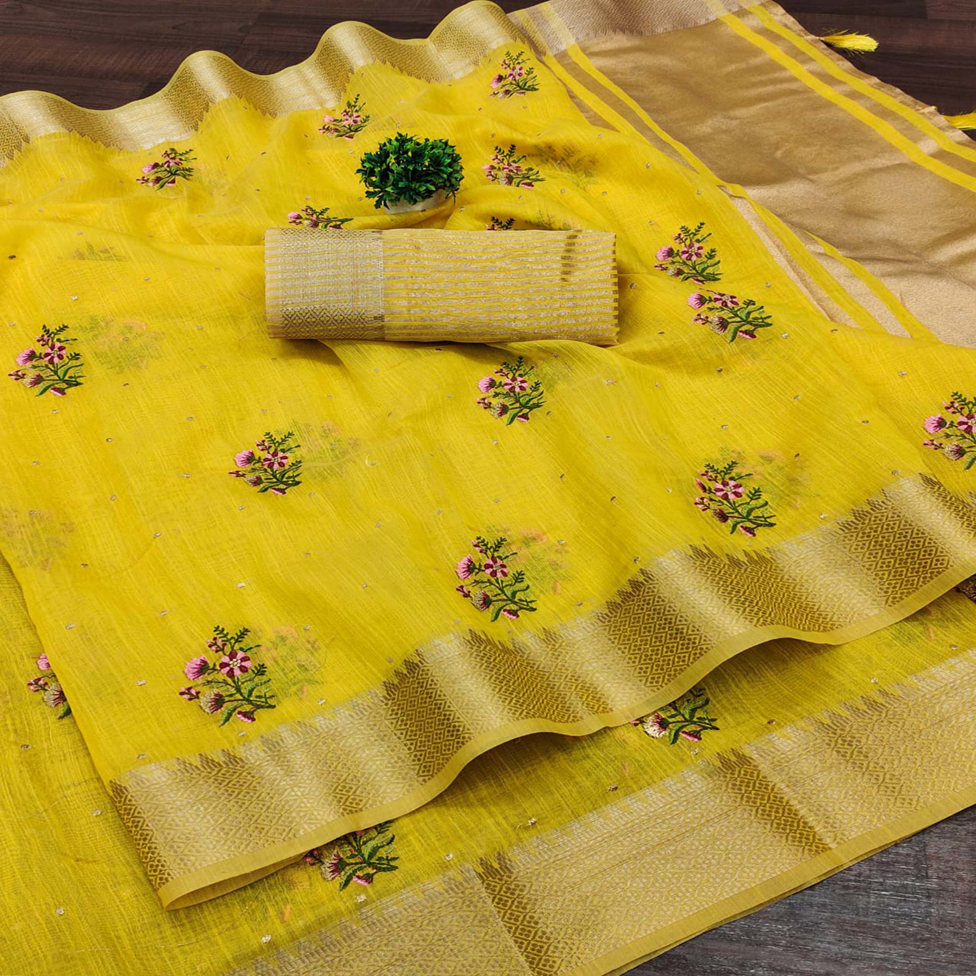 Yellow Floral Embroidered Cotton Silk Saree With Zari Border