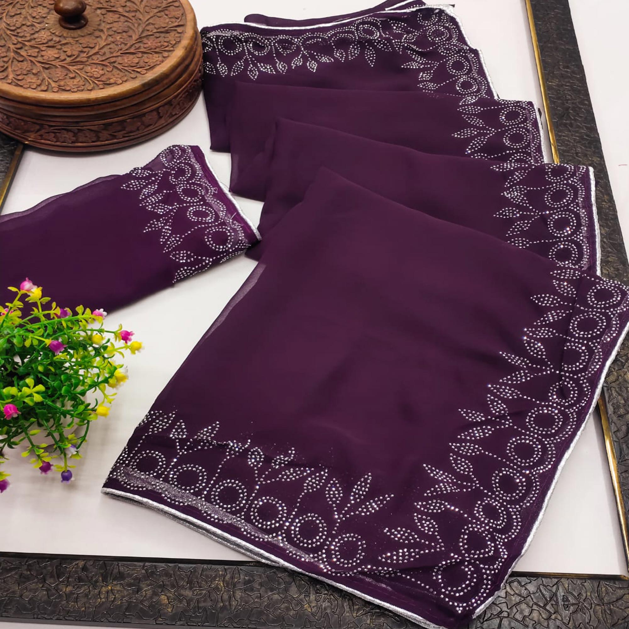 Purple Swarovski Work Embroidered Georgette Saree