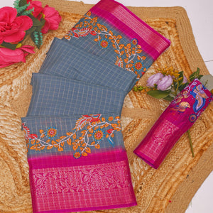 Sophisticated Grey Checks & Peacock Design Saree Crafted In Dola Silk With Weaving Jacquard Border