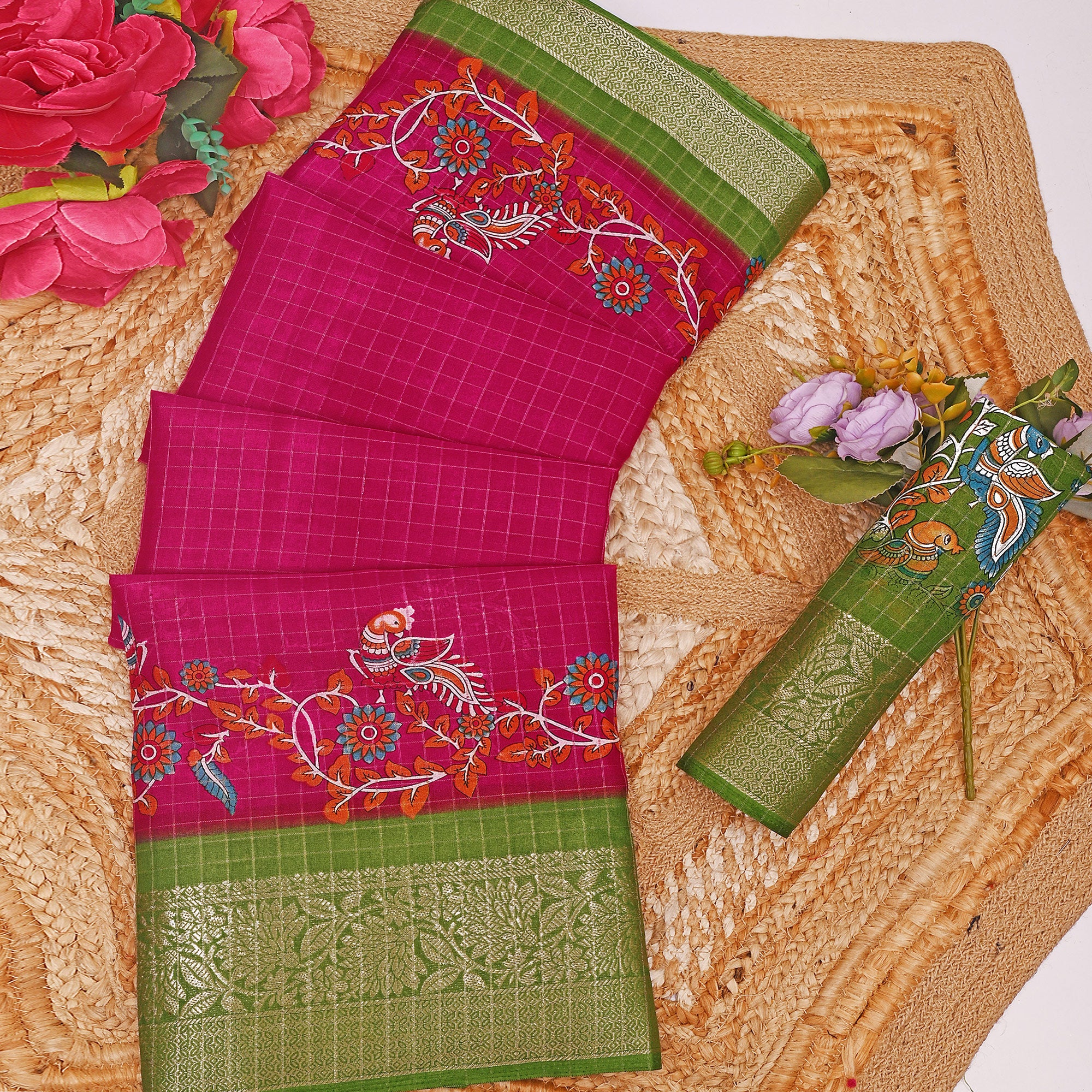 Sophisticated Pink Checks & Peacock Design Saree Crafted In Dola Silk With Weaving Jacquard Border
