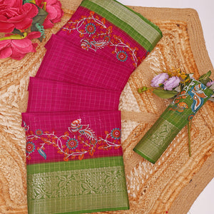 Sophisticated Pink Checks & Peacock Design Saree Crafted In Dola Silk With Weaving Jacquard Border