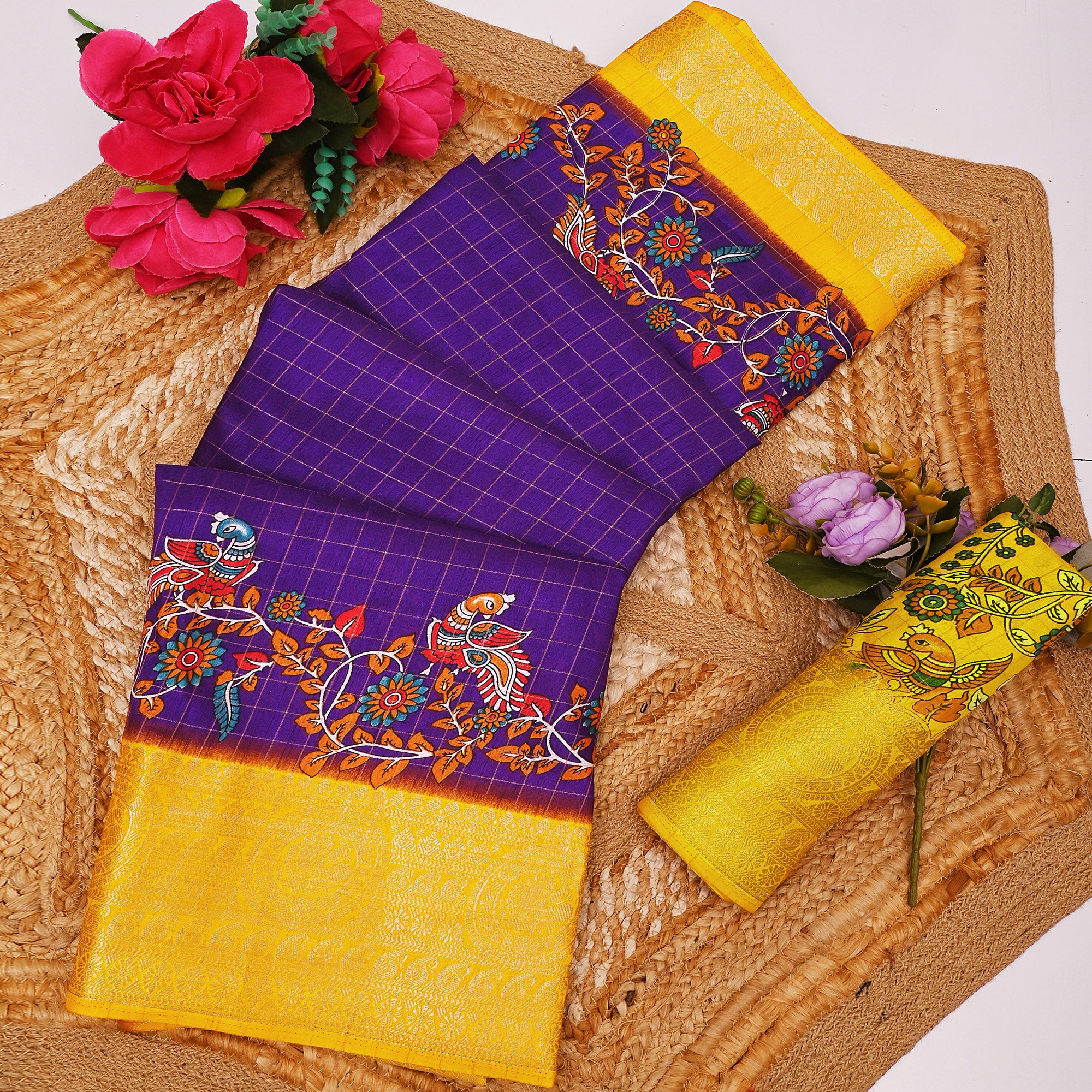 Sophisticated Purple Checks & Peacock Design Saree Crafted In Dola Silk With Weaving Jacquard Border