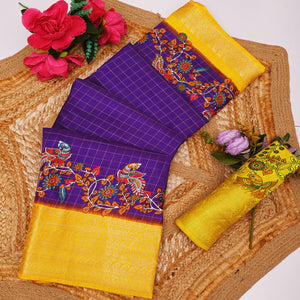 Sophisticated Purple Checks & Peacock Design Saree Crafted In Dola Silk With Weaving Jacquard Border