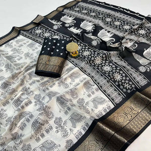 White Warli Printed Dola Silk Saree With Zari Border