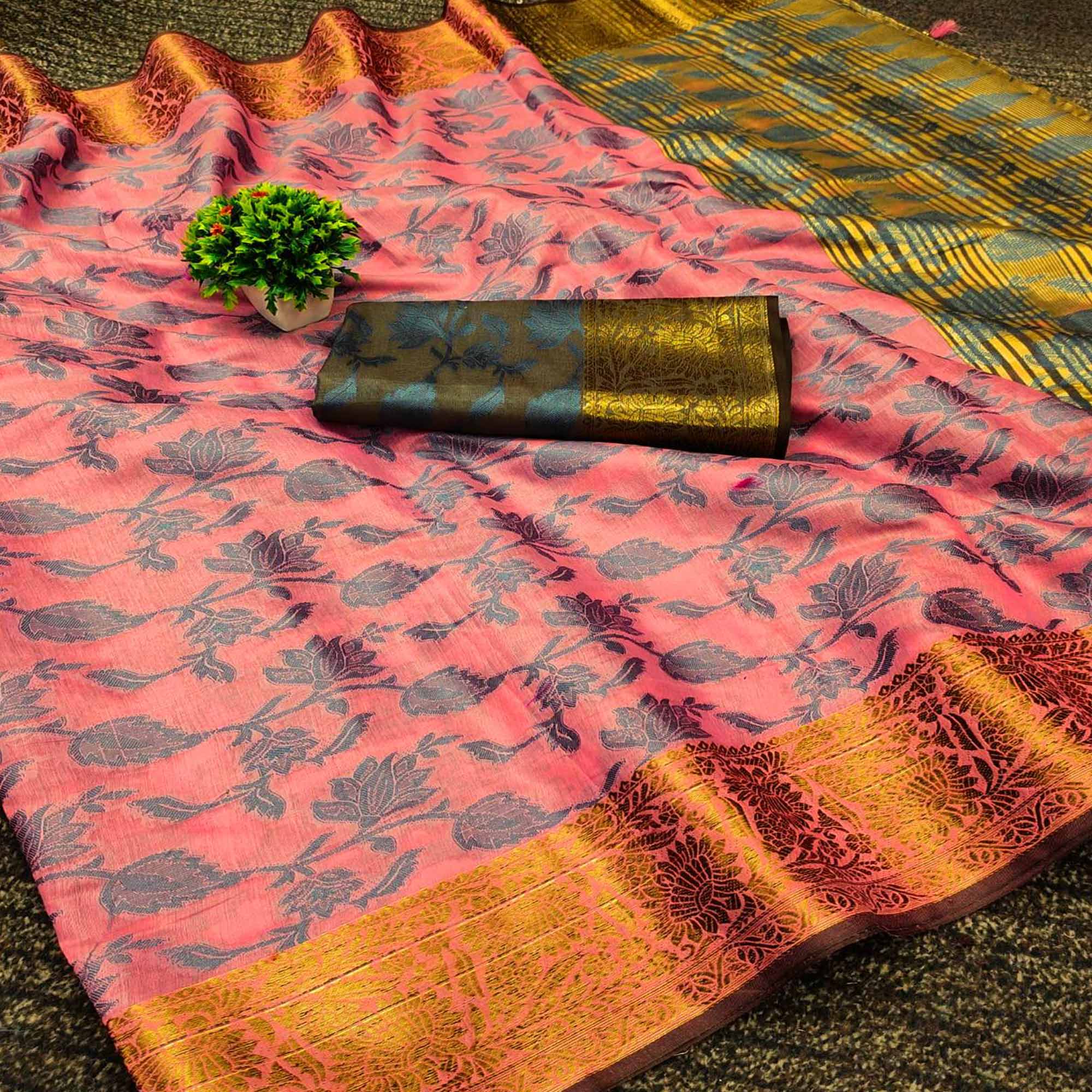 Pink Floral Woven Cotton Silk Saree With Tassels