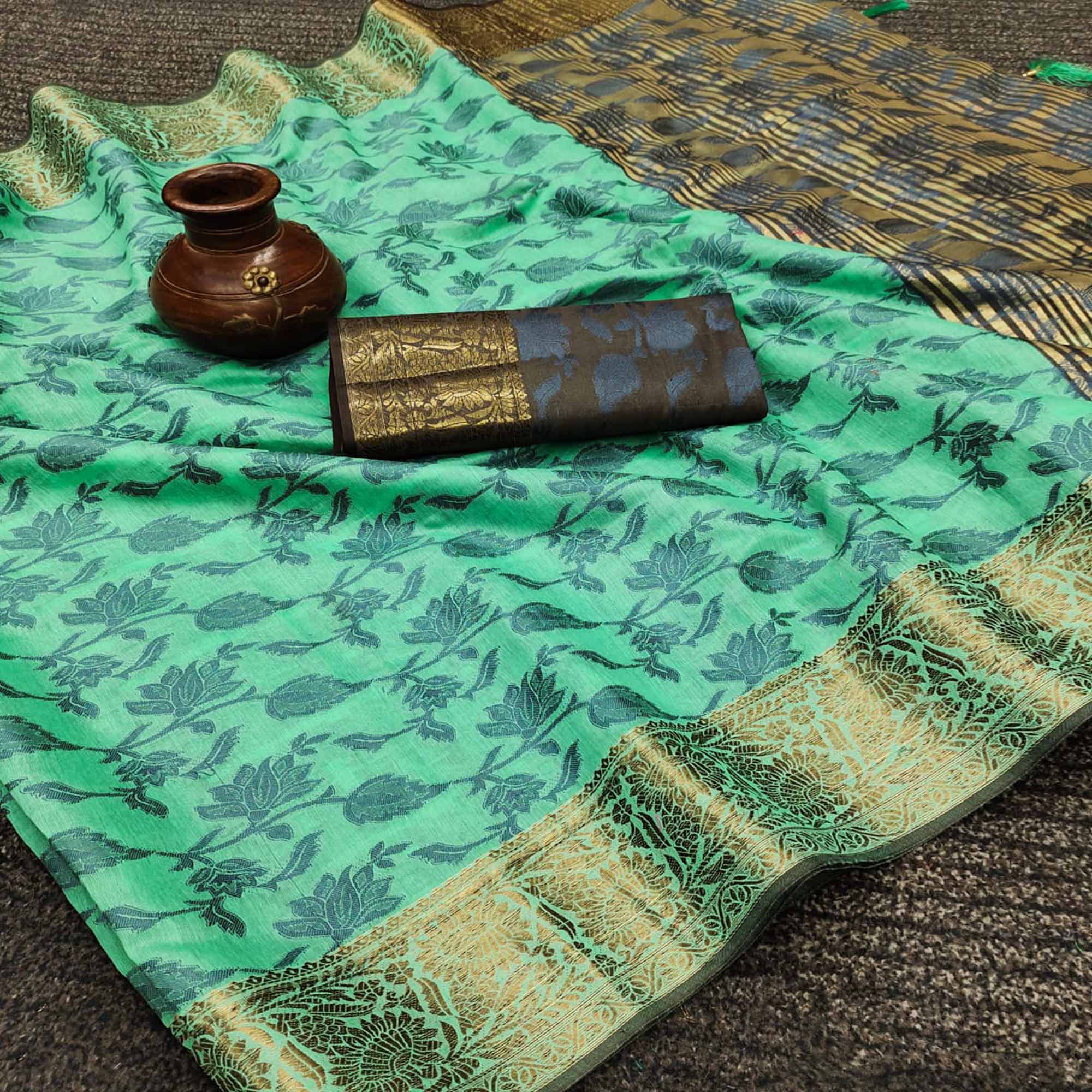 Turquoise Floral Woven Cotton Silk Saree With Tassels