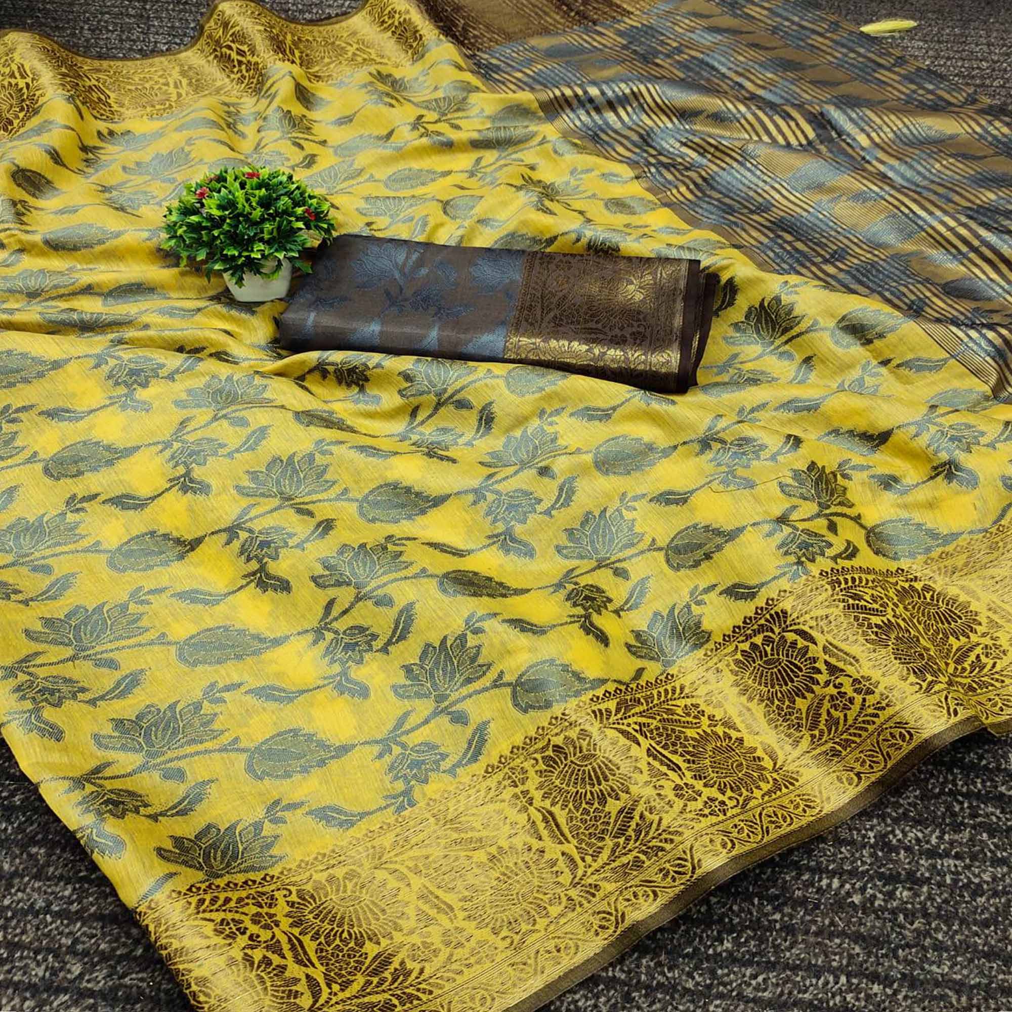 Yellow Floral Woven Cotton Silk Saree With Tassels