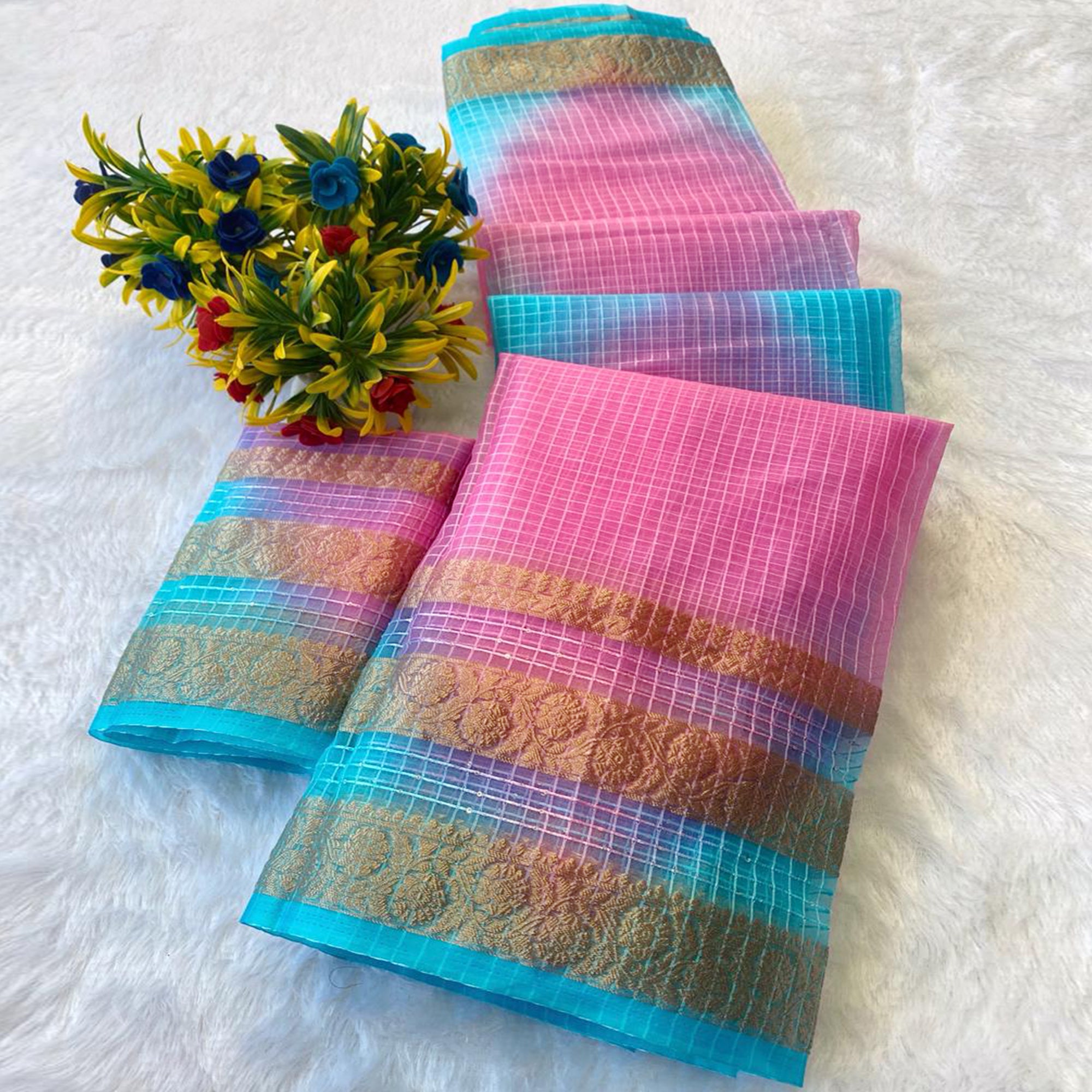 Classic Blue & Pink Kerala Inspired Checked Weaving Organza Saree
