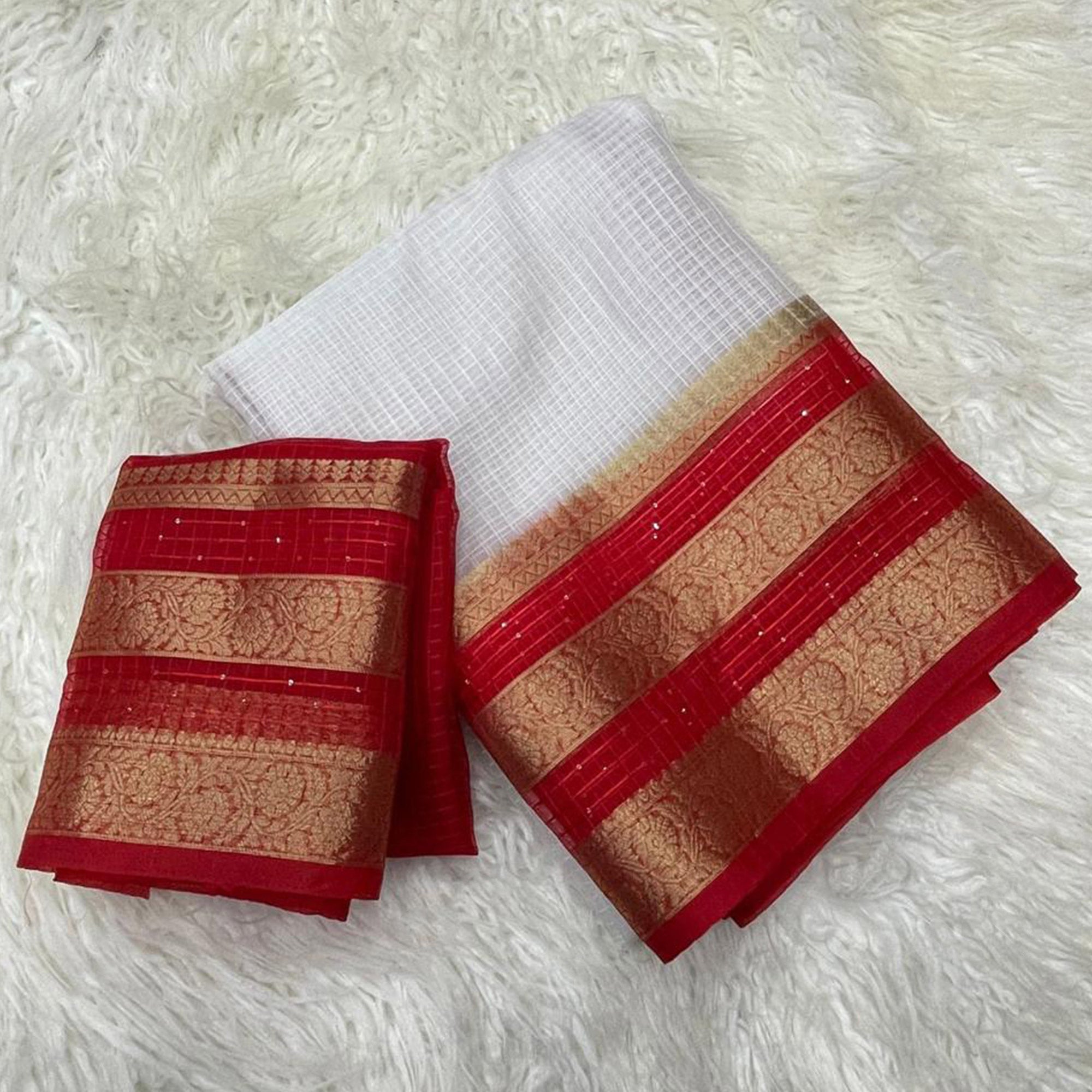 White & Red Kerala Checked Style Organza Saree