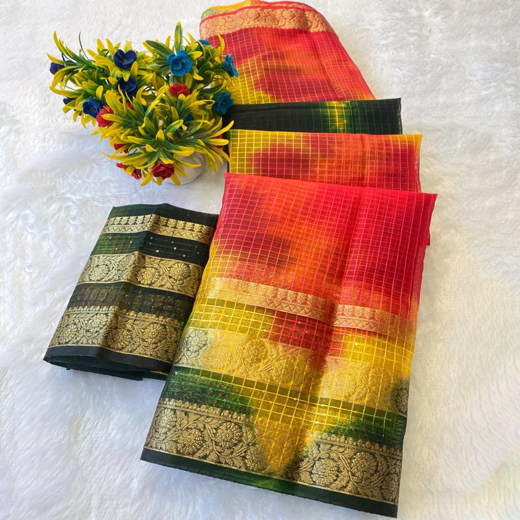 Classic Yellow & Red Kerala Inspired Checked Weaving Organza Saree