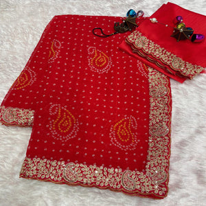 Red Bandhani Printed Georgette Saree With Embroidered Border