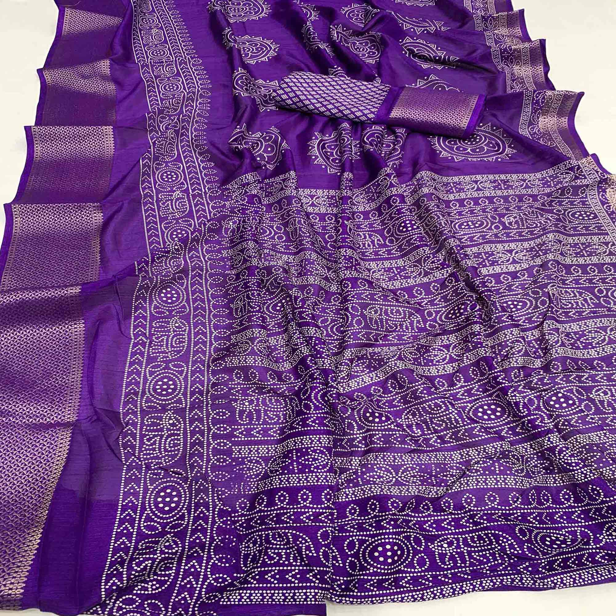 Violet Printed Dola Silk Saree With Jacquard Border