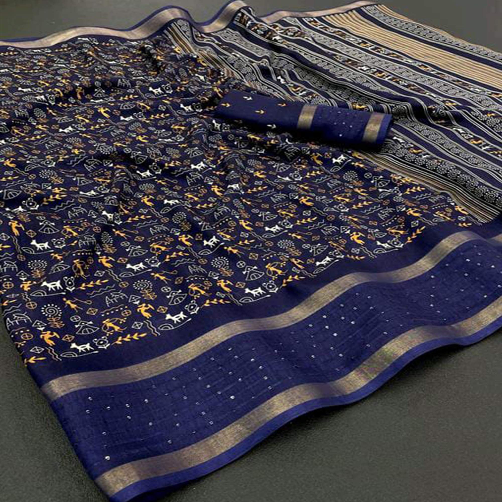 Navy Blue Warli Printed Georgette Saree