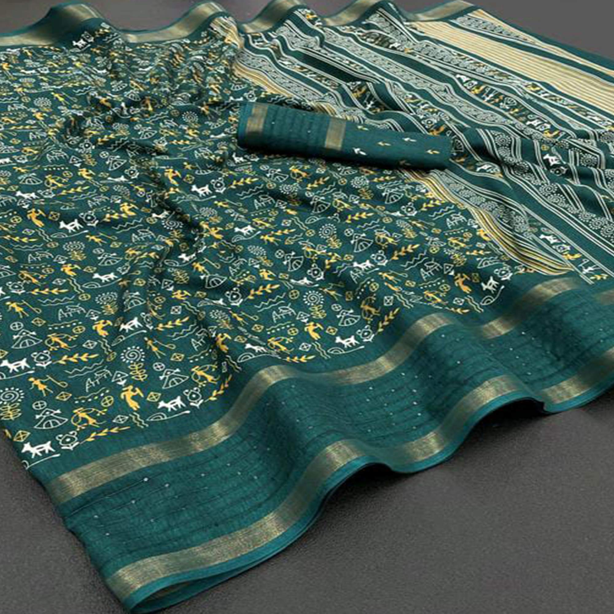 Rama Green Warli Printed Georgette Saree