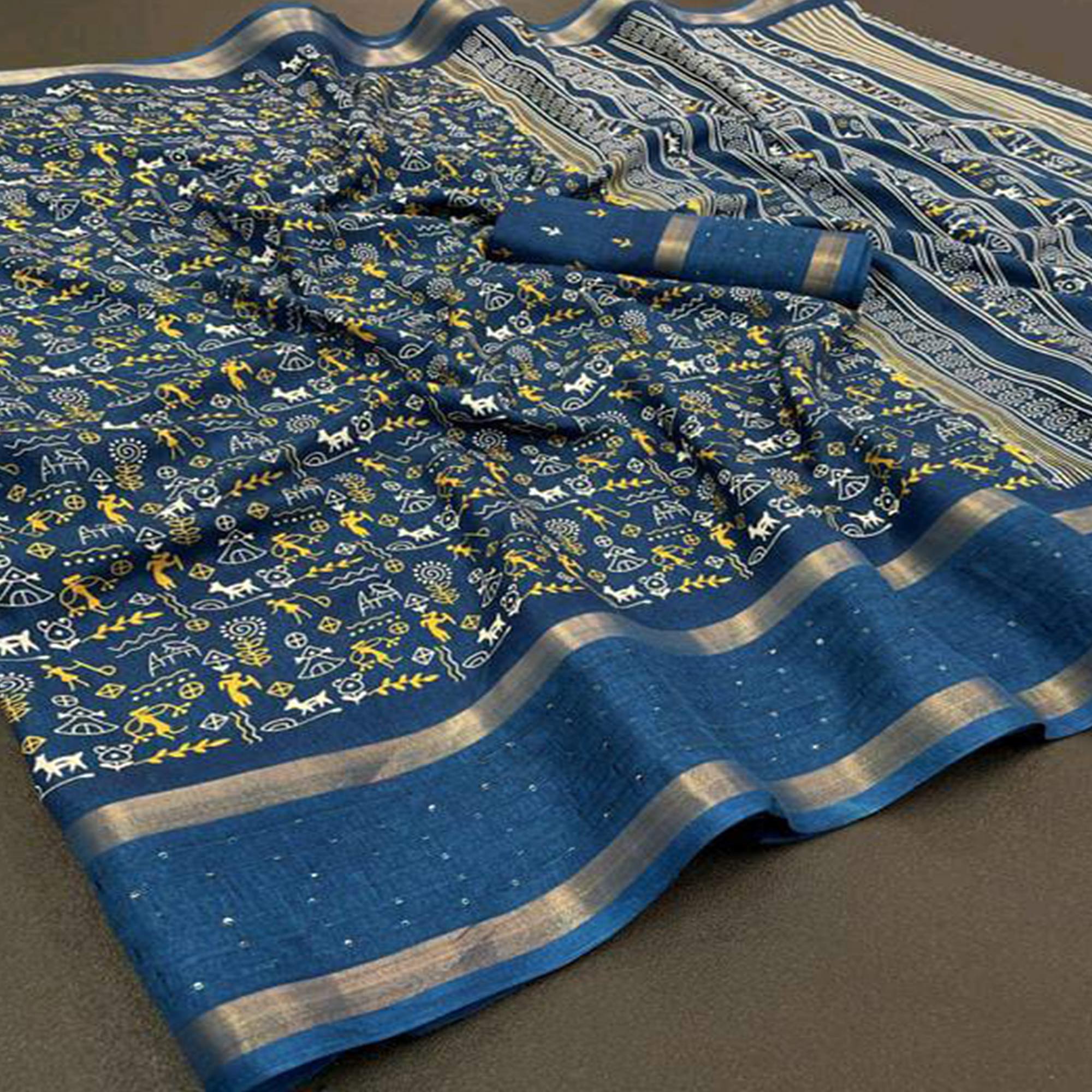 Teal Warli Printed Georgette Saree