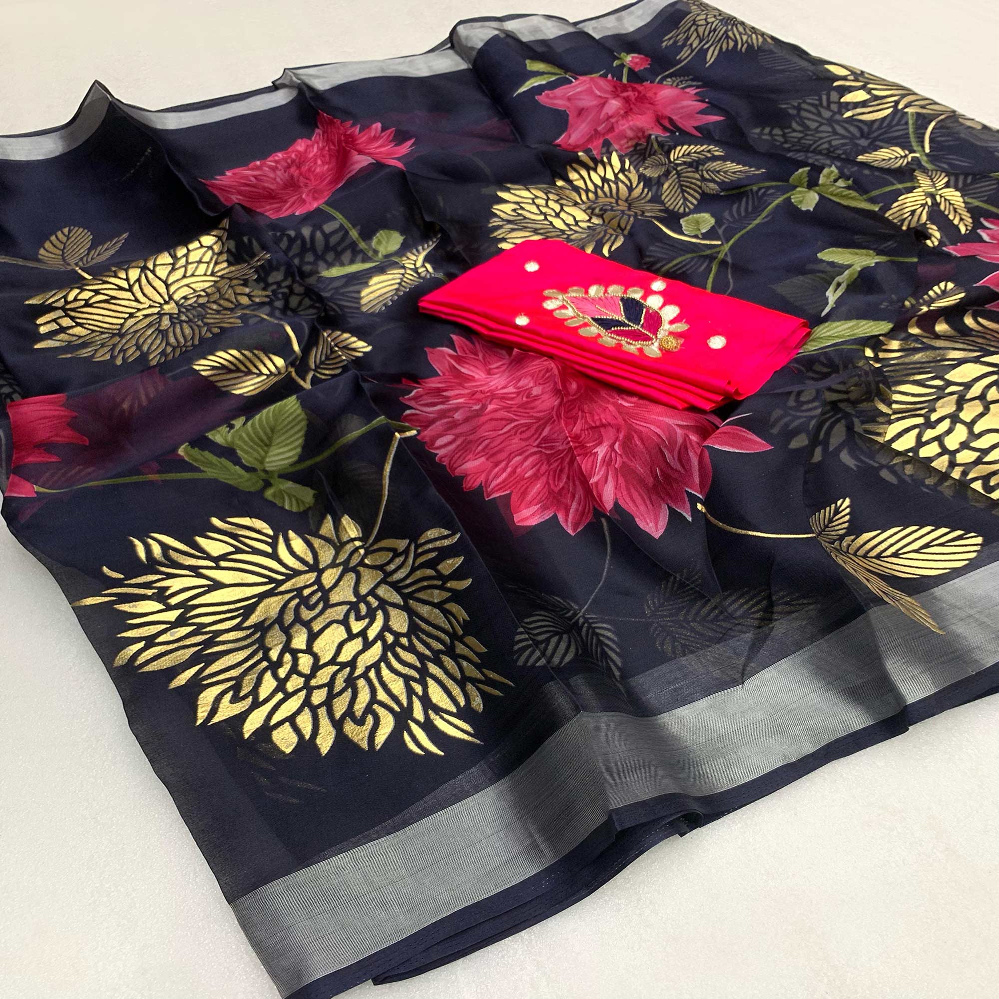 Navy Blue Floral Foil Printed Organza Saree