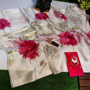 White Floral Foil Printed Organza Saree
