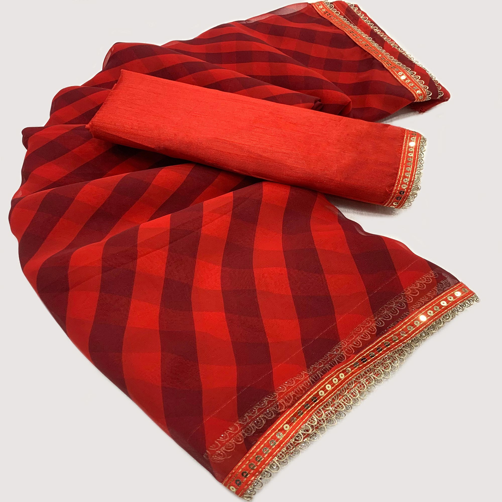 Red Printed Georgette Saree With Lace Border