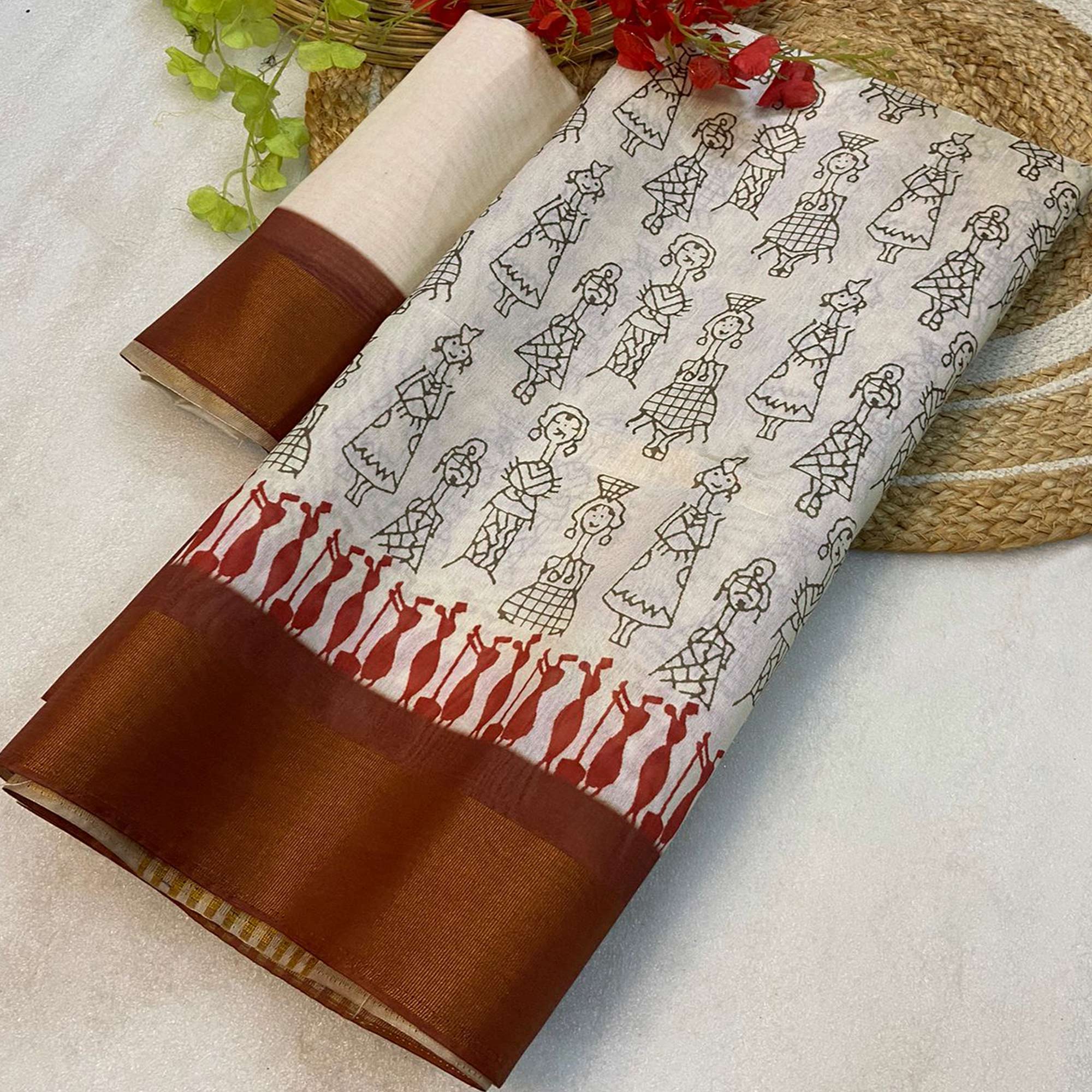 Off White Floral Printed Tussar Silk Saree