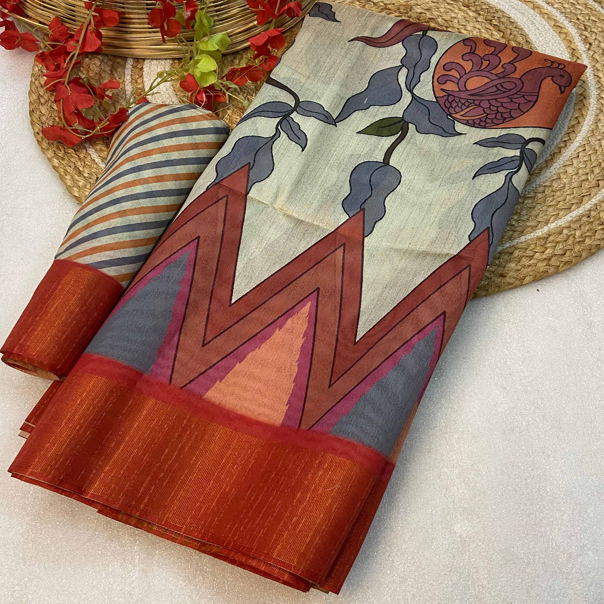 Beige Floral Printed Tussar Silk Saree