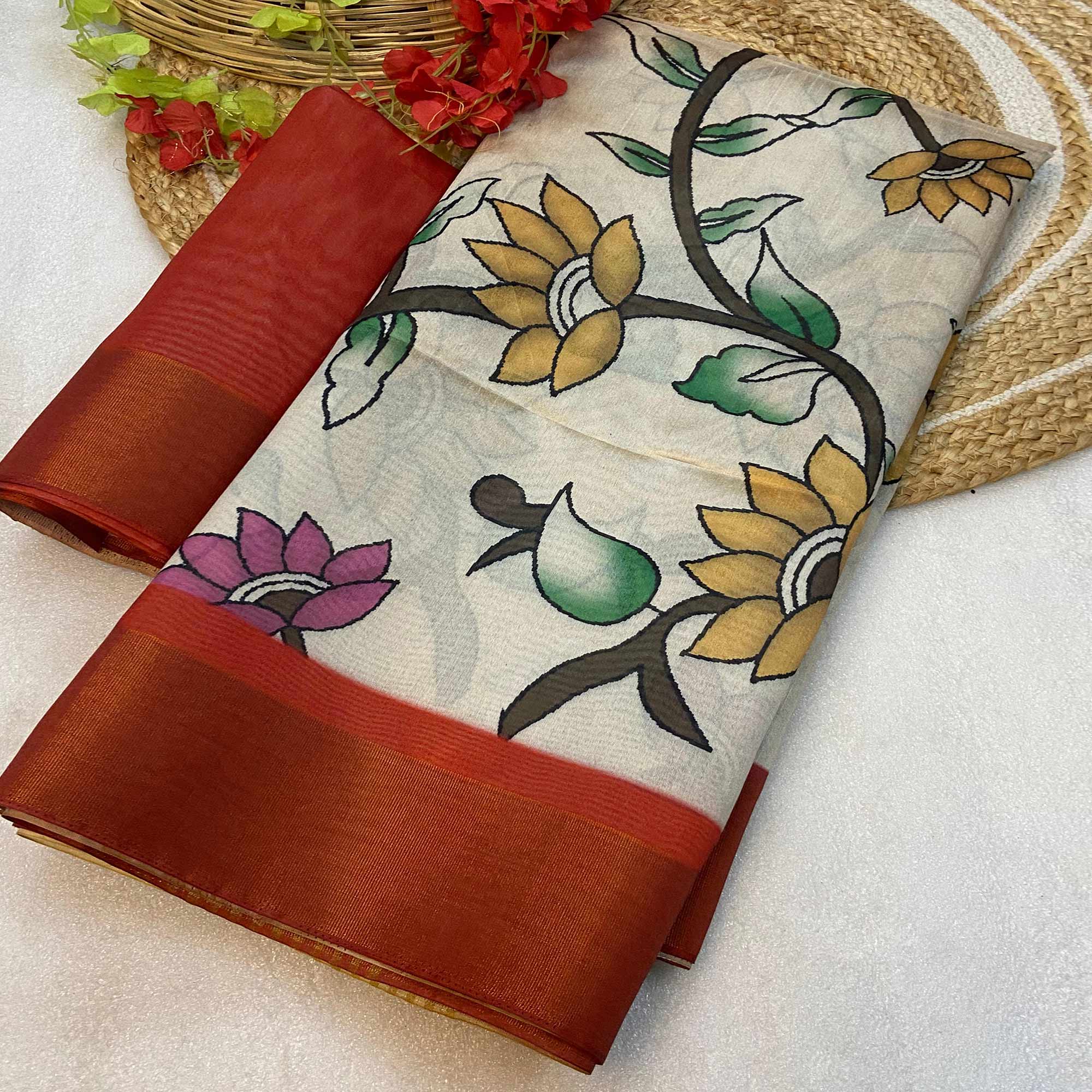 Off White Floral Printed Tussar Silk Saree