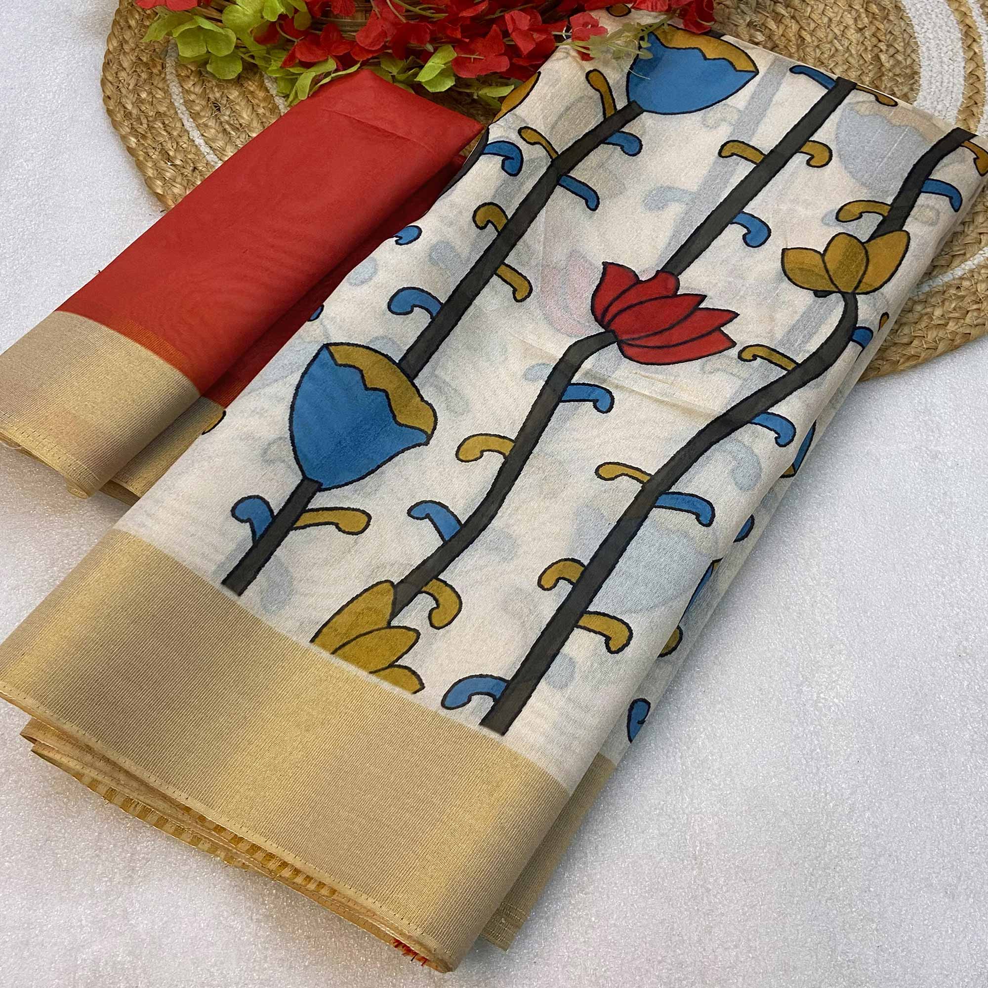 White Floral Printed Tussar Silk Saree