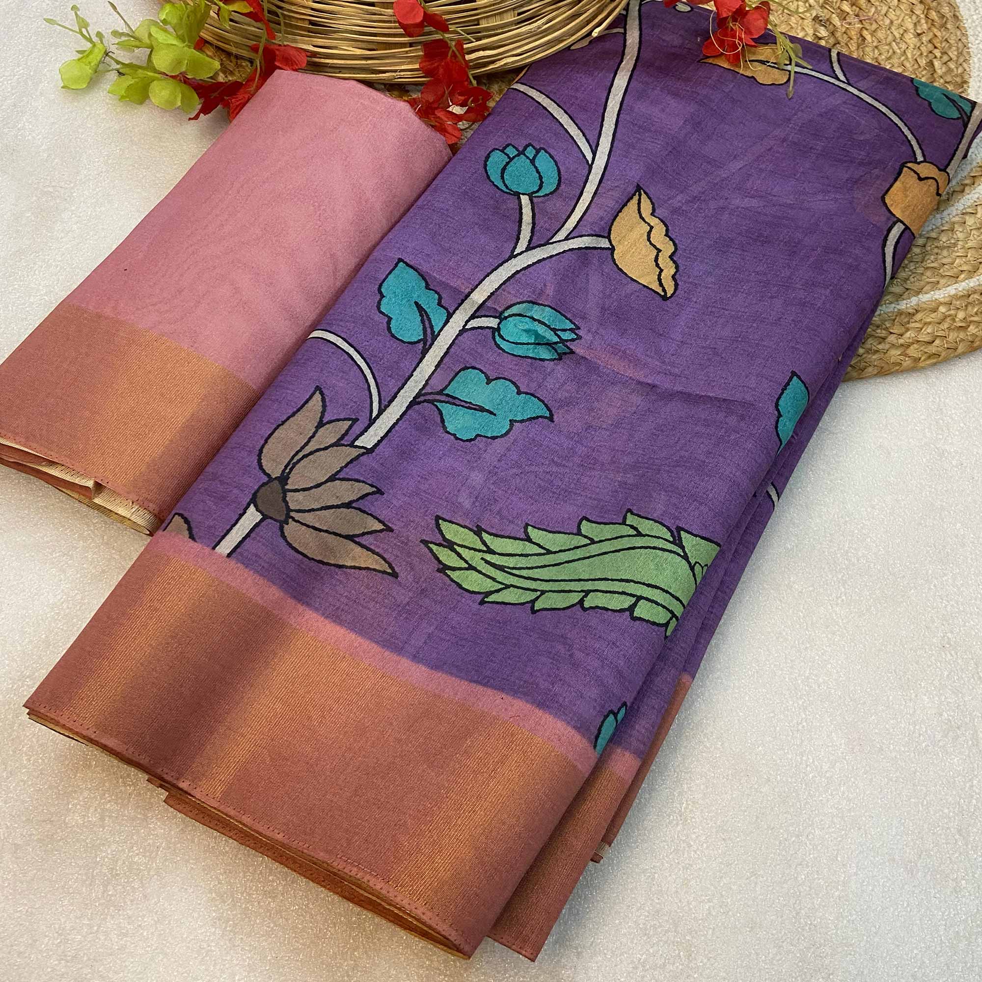 Purple Floral Printed Tussar Silk Saree