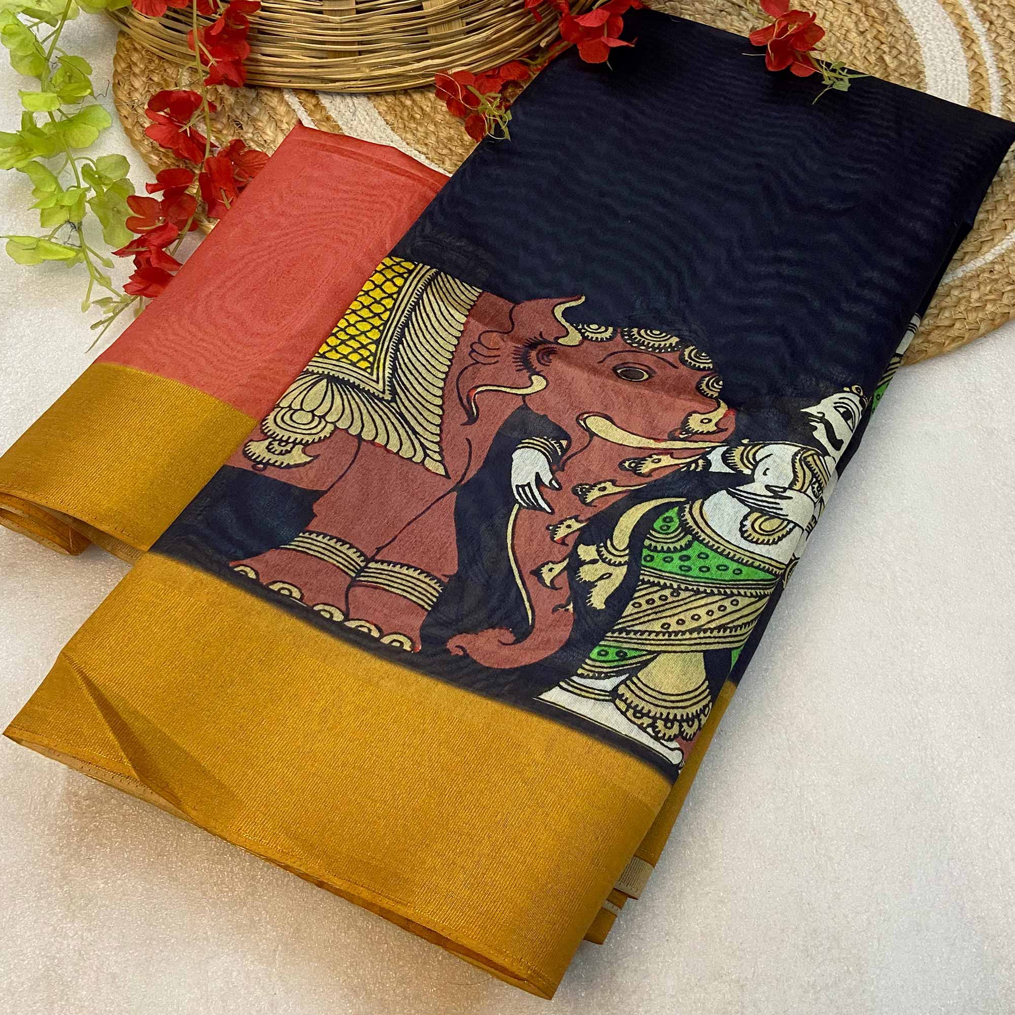 Black Floral Printed Tussar Silk Saree