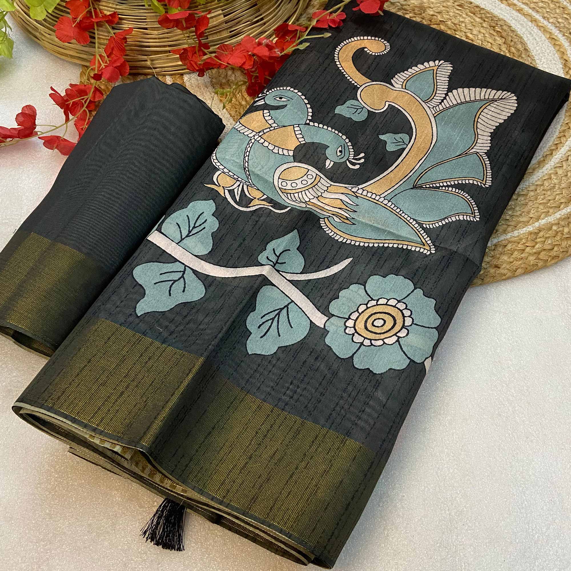 Dark Grey Floral Printed Tussar Silk Saree