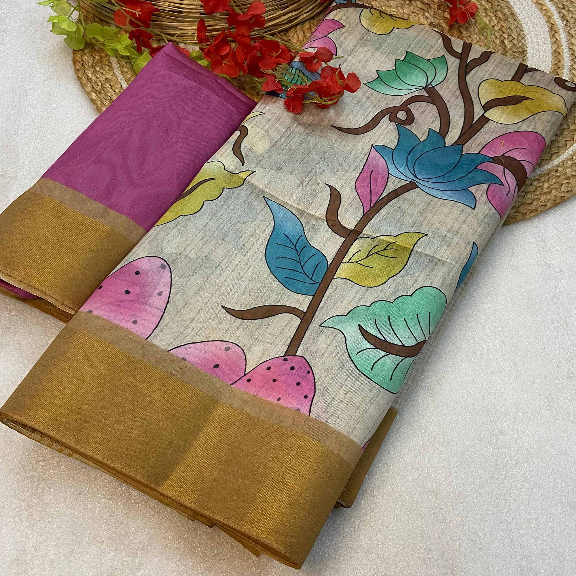 Off White Floral Printed Tussar Silk Saree