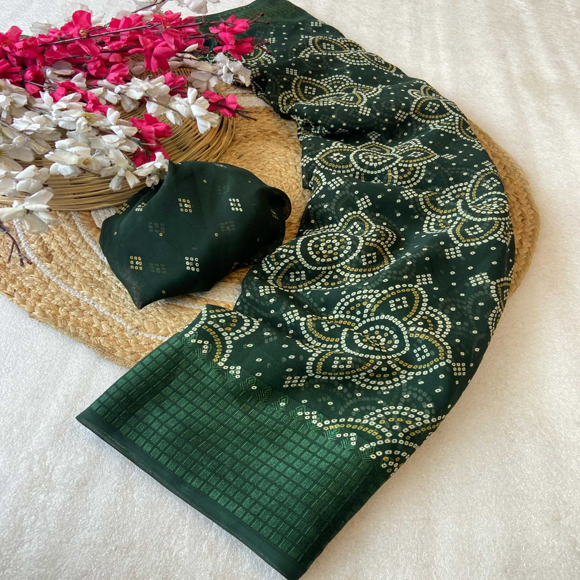 Green Bandhani Printed Georgette Saree With Viscose Border