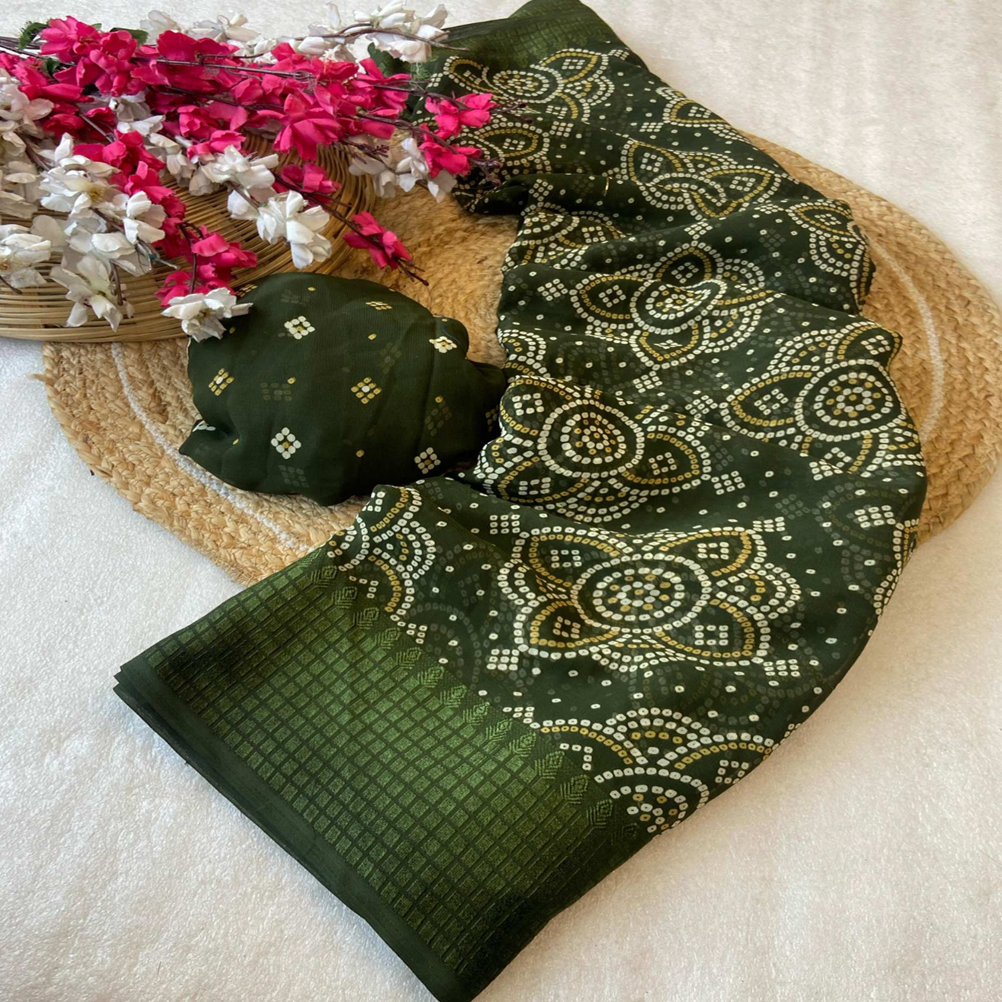 Mehendi Green Bandhani Printed Georgette Saree With Viscose Border