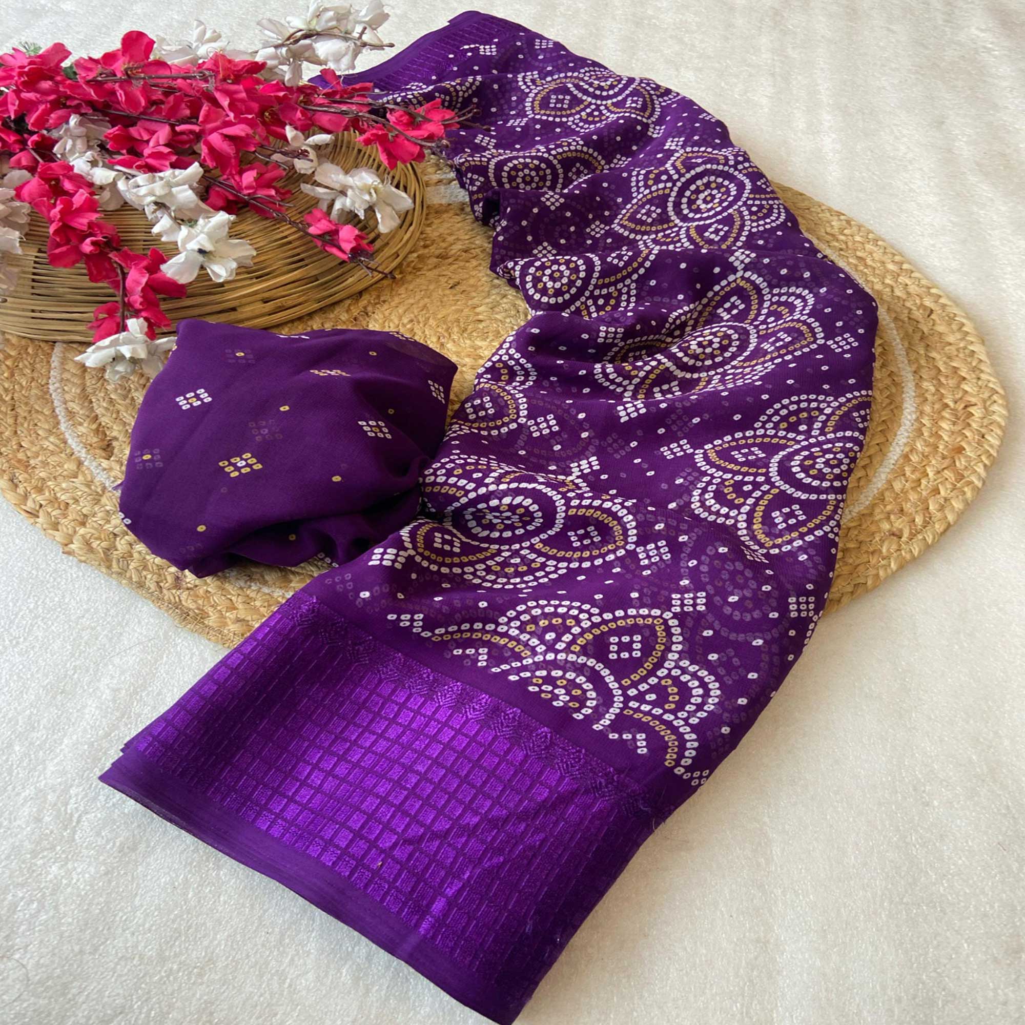 Purple Bandhani Printed Georgette Saree With Viscose Border