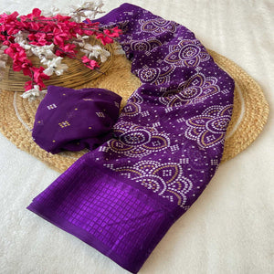 Purple Bandhani Printed Georgette Saree With Viscose Border