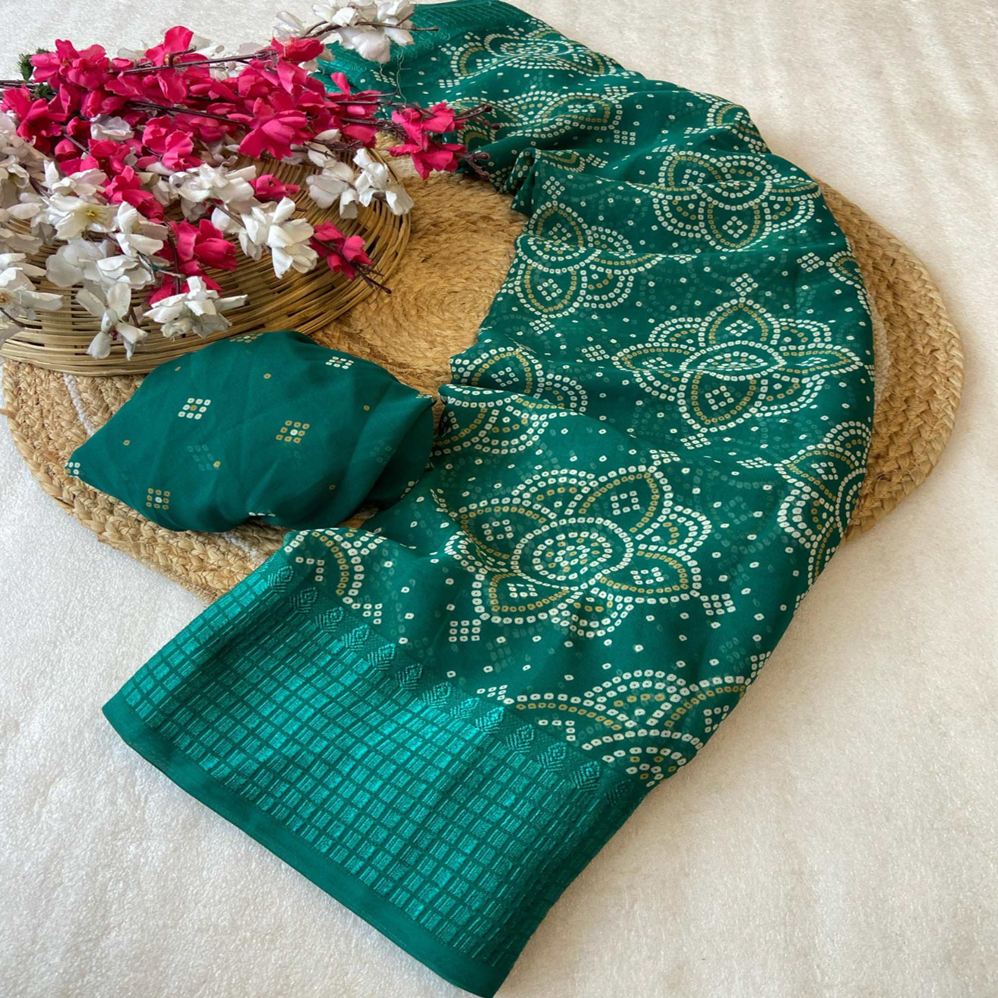 Rama Green Bandhani Printed Georgette Saree With Viscose Border