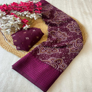 Wine Bandhani Printed Georgette Saree With Viscose Border